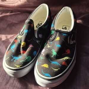 Vans Kids Slip-On Sneakers - Black with Multicolor Dinosaur Pattern